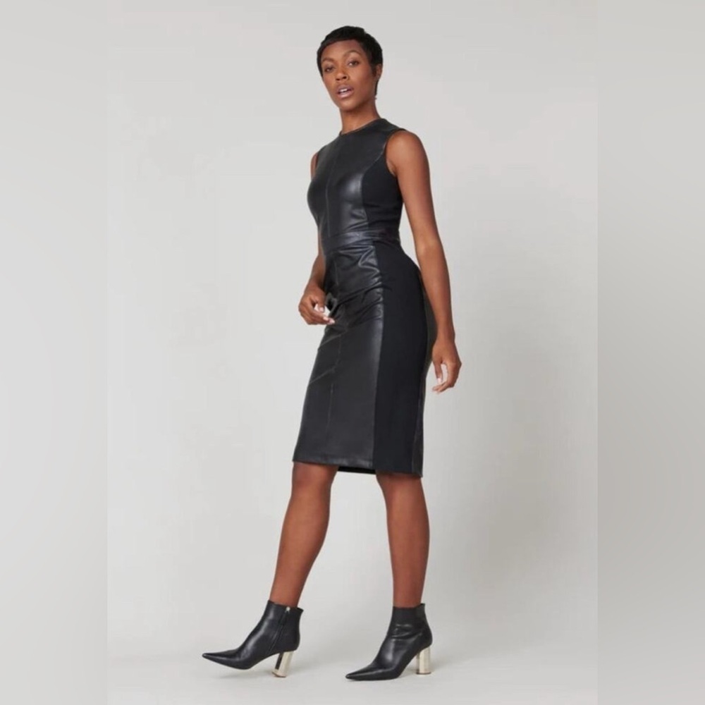 Spanx Black Leather Like Combo Fitted Dress Size small new with tag - Picture 2 of 15